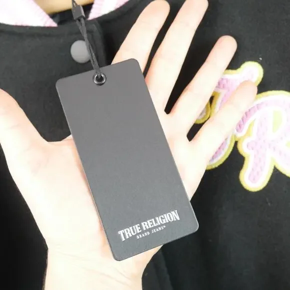 New Women’s True Religion Script Horseshoe Varsity Jacket Size L Pink Academia - Picture 4 of 11